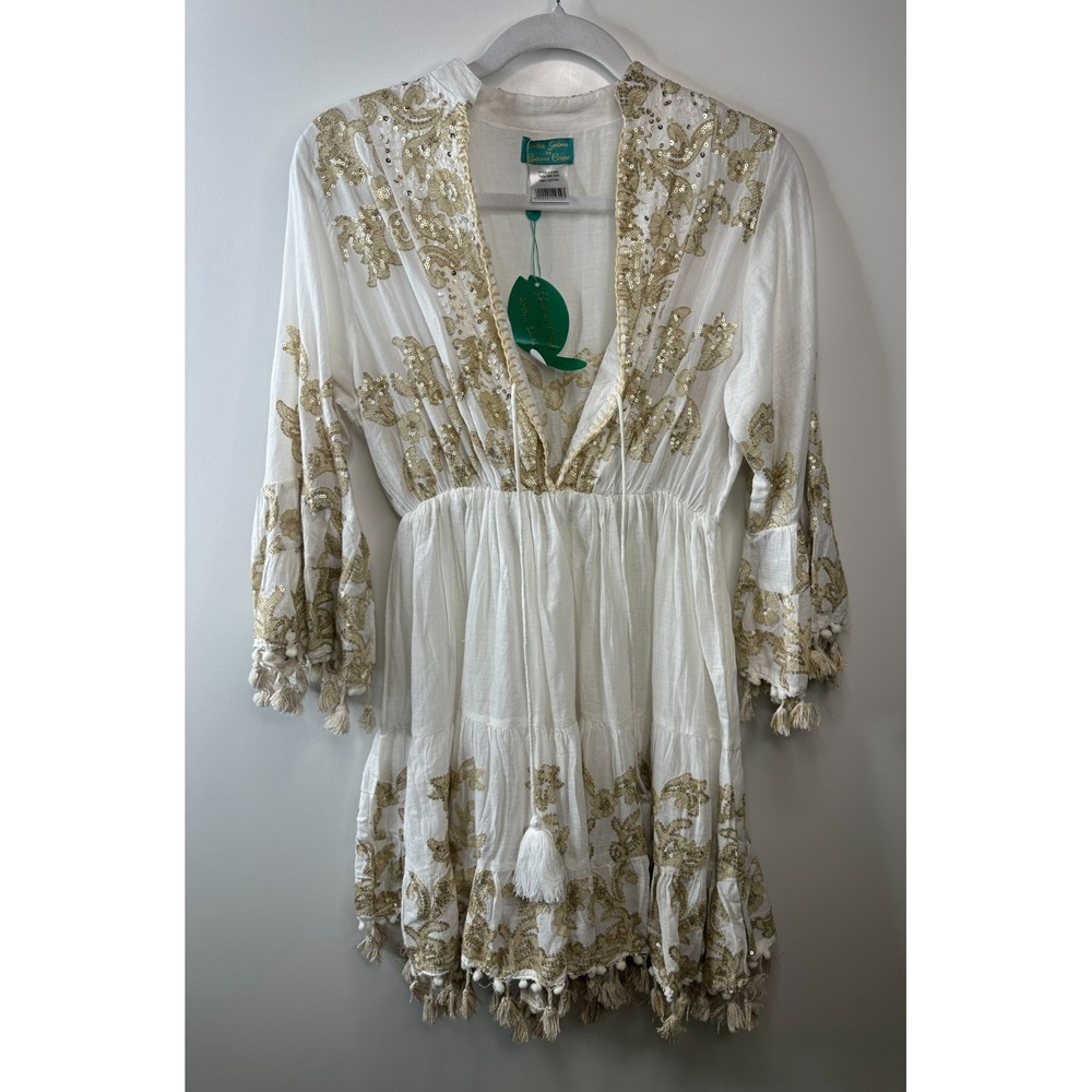 NWT Antica Sartoria Dress One Size White Gold Sequin Tassel Boho Beach Cotton - Picture 10 of 14